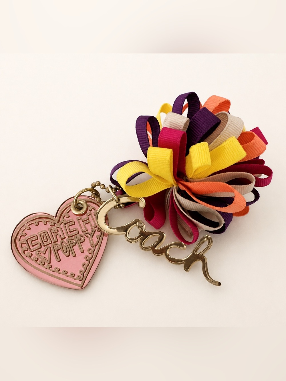 Coach Poppy Heart Ribbon Pom Bag Charm Keychain